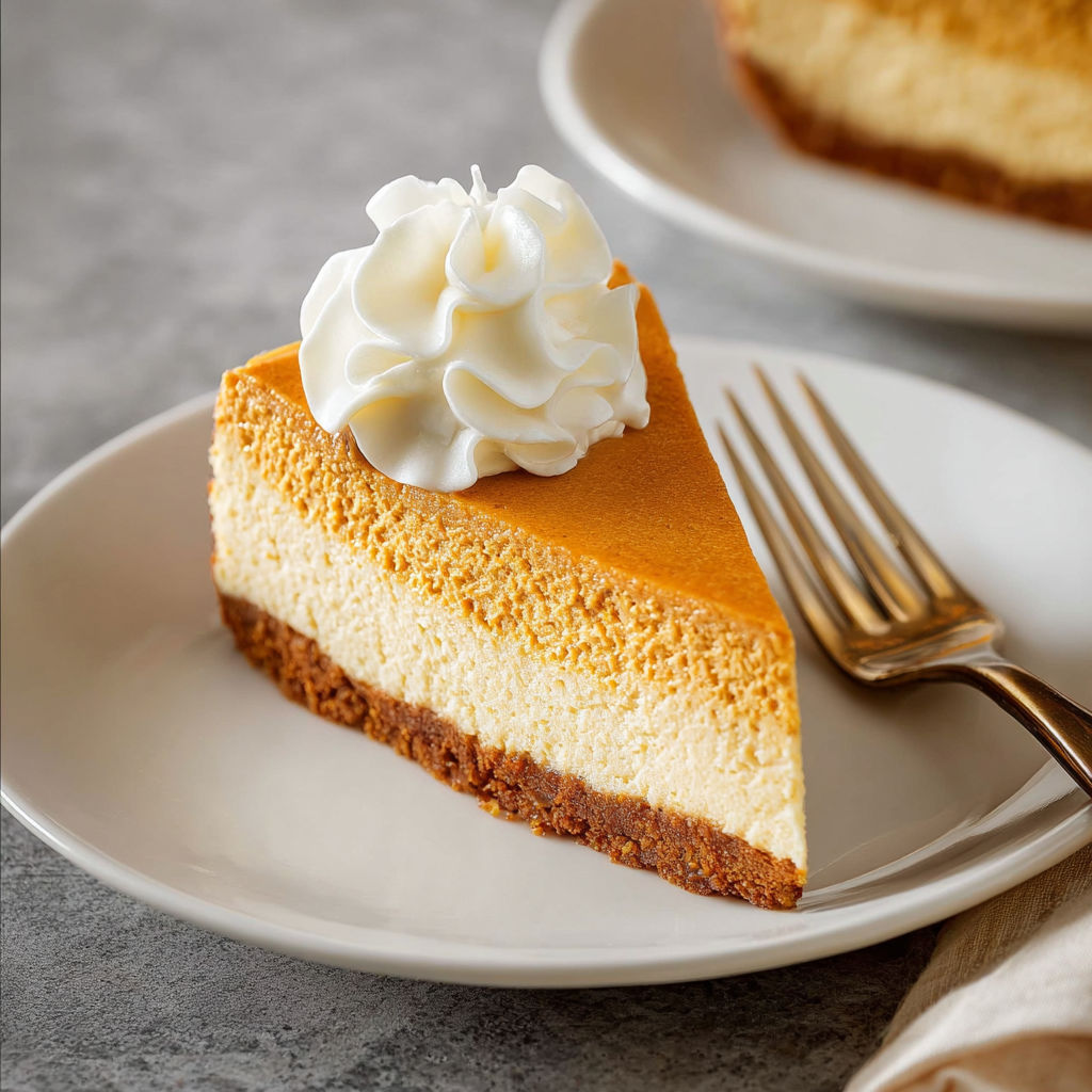 A slice of pumpkin cheesecake with whipped cream on top.