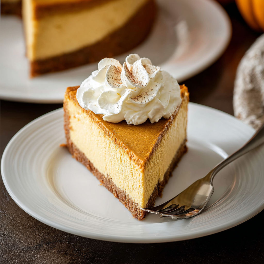 A slice of pumpkin cheesecake with whipped cream on top.