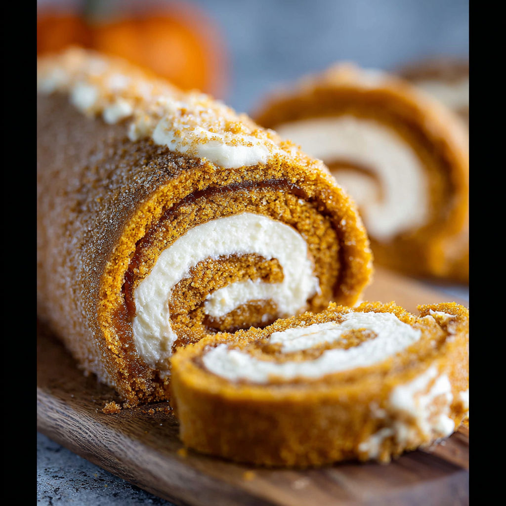 A pumpkin roll on a wooden board.