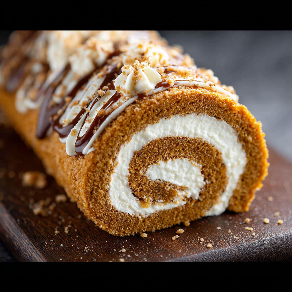 A pumpkin roll with white icing and chocolate drizzle.