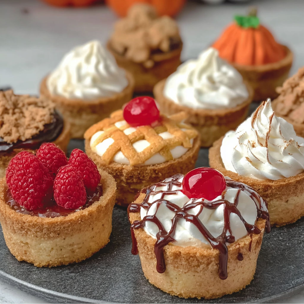 A plate of mini cakes with various toppings.