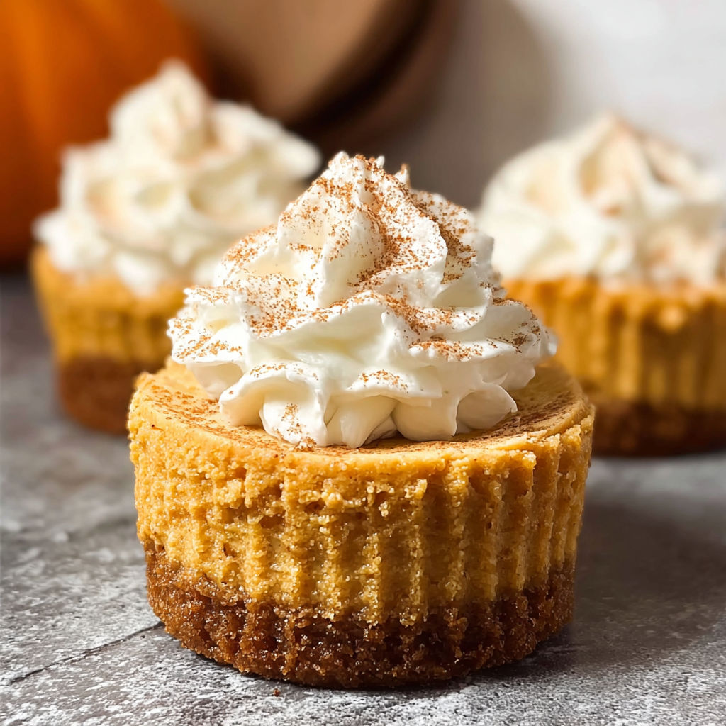 Three mini pumpkin cheesecakes with whipped cream on top.