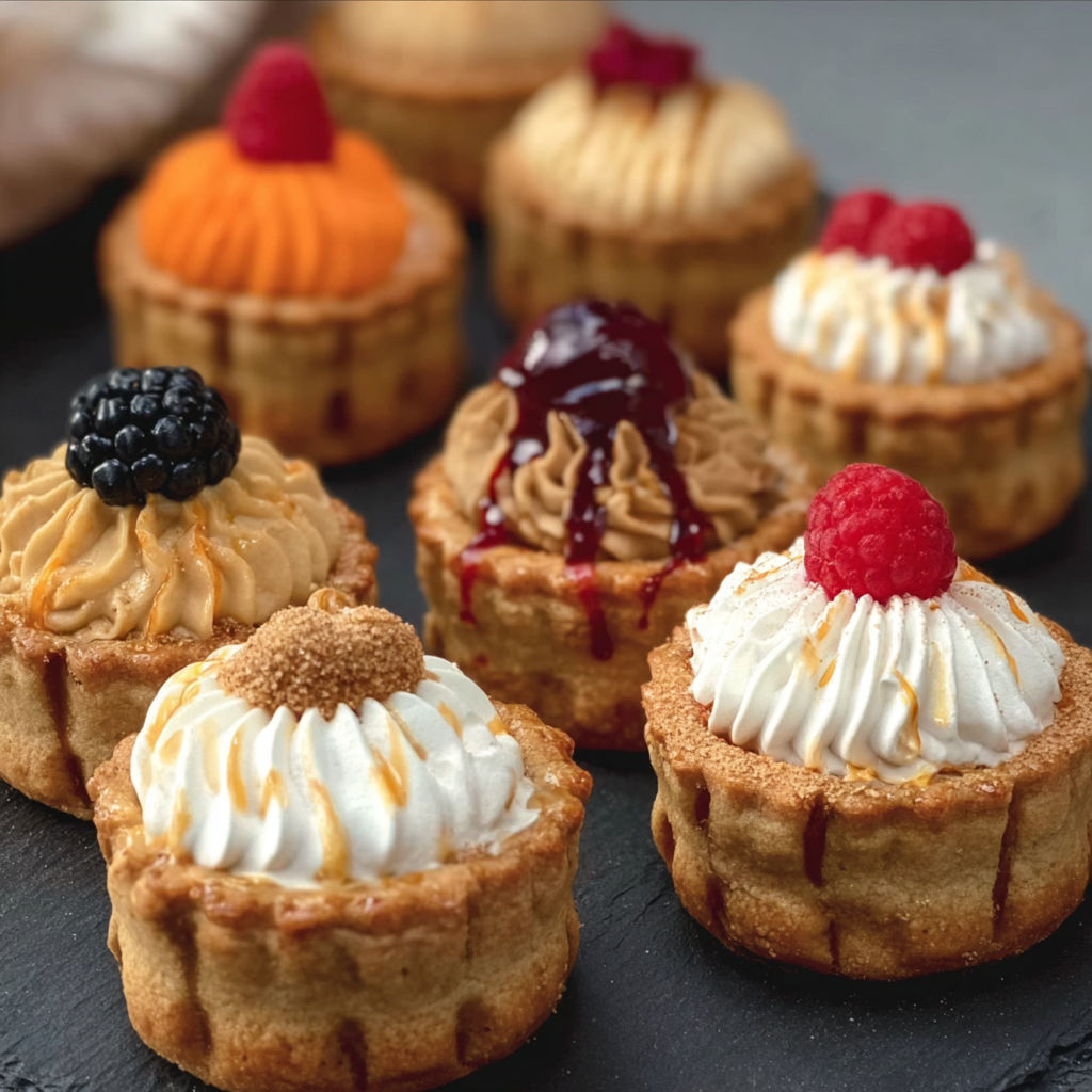 A variety of desserts are displayed on a table.