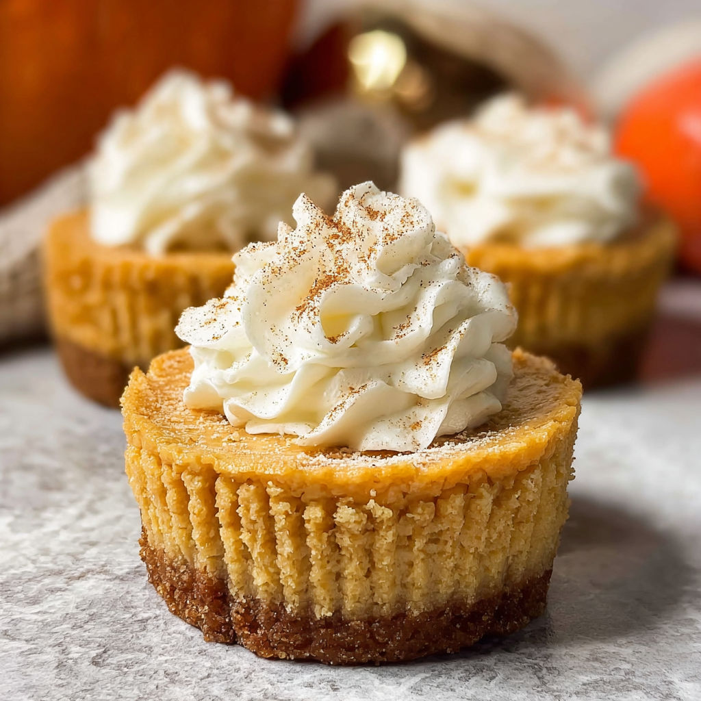 Two mini pumpkin cheesecakes with whipped cream.