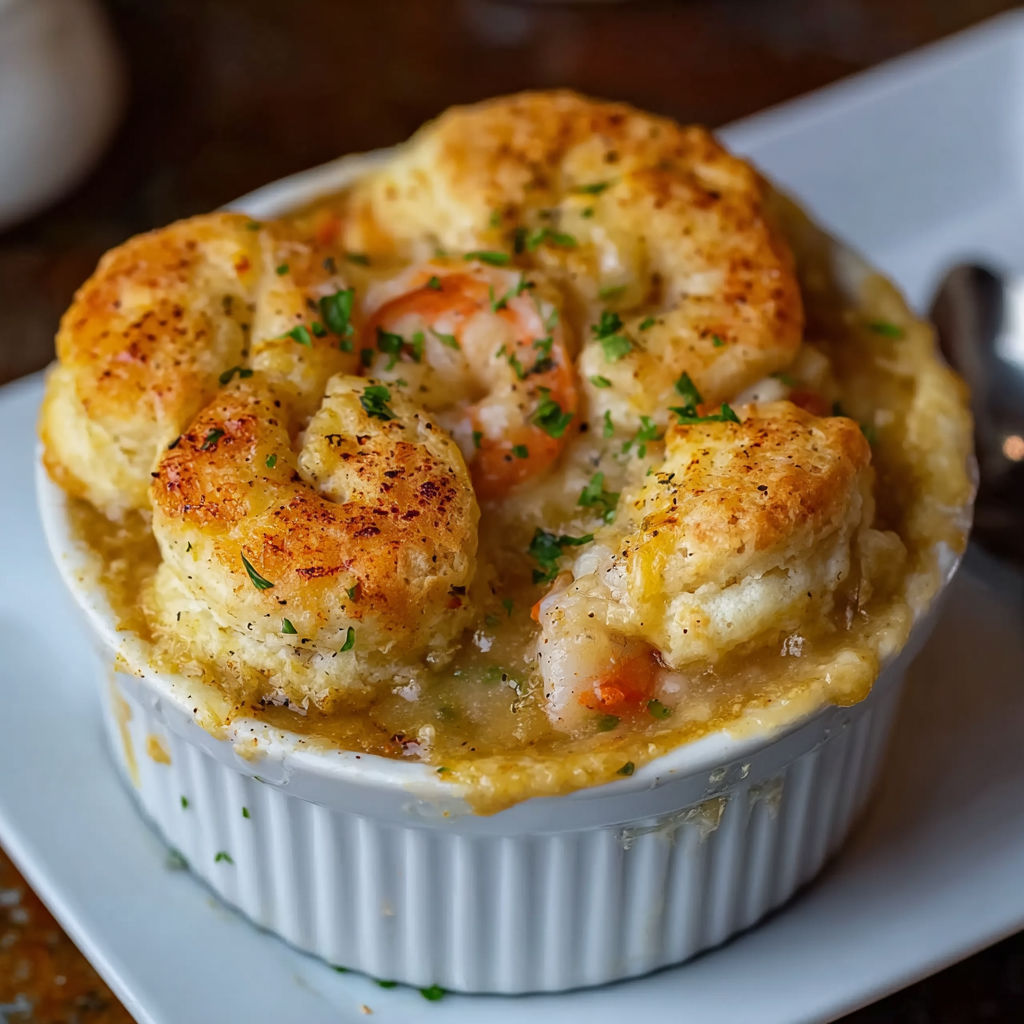 A bowl of Shrimp & Lobster Cheddar Bay Biscuit Pot Pie.