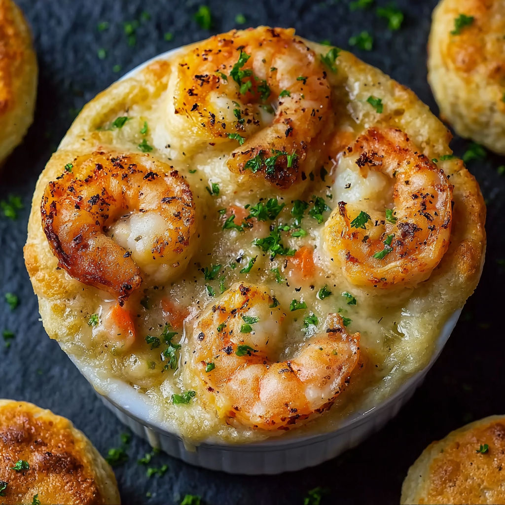 A white bowl filled with shrimp and lobster cheddar bay biscuit pot pie.