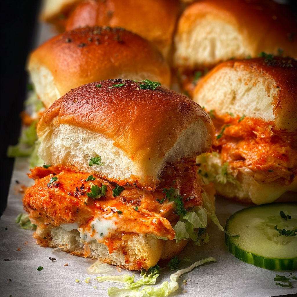 A plate of spicy buffalo chicken sliders.