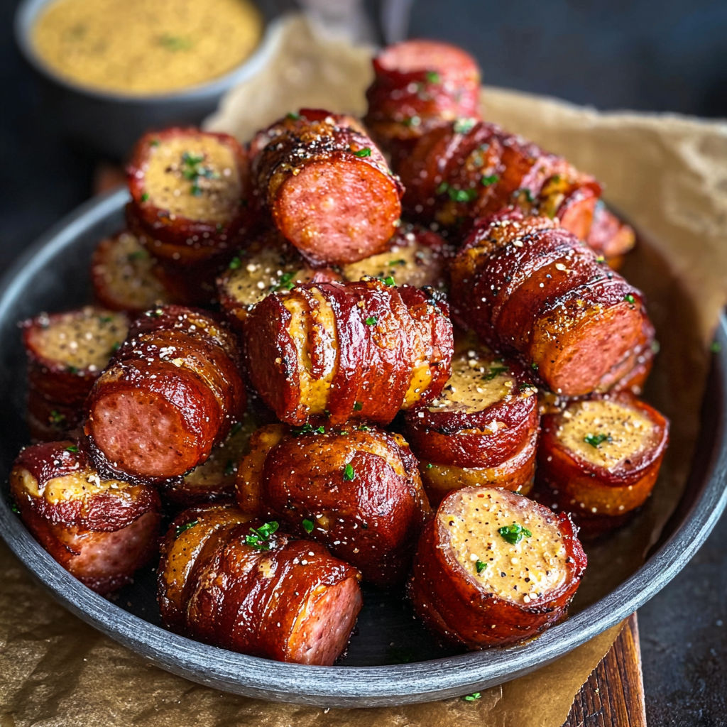A bowl of sausage with mustard on top.