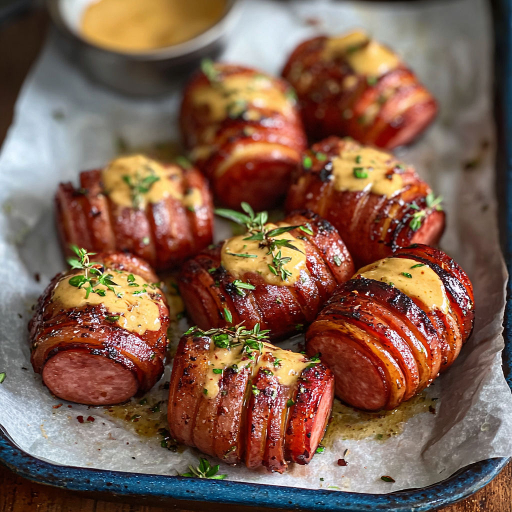 A plate of meat with mustard on it.