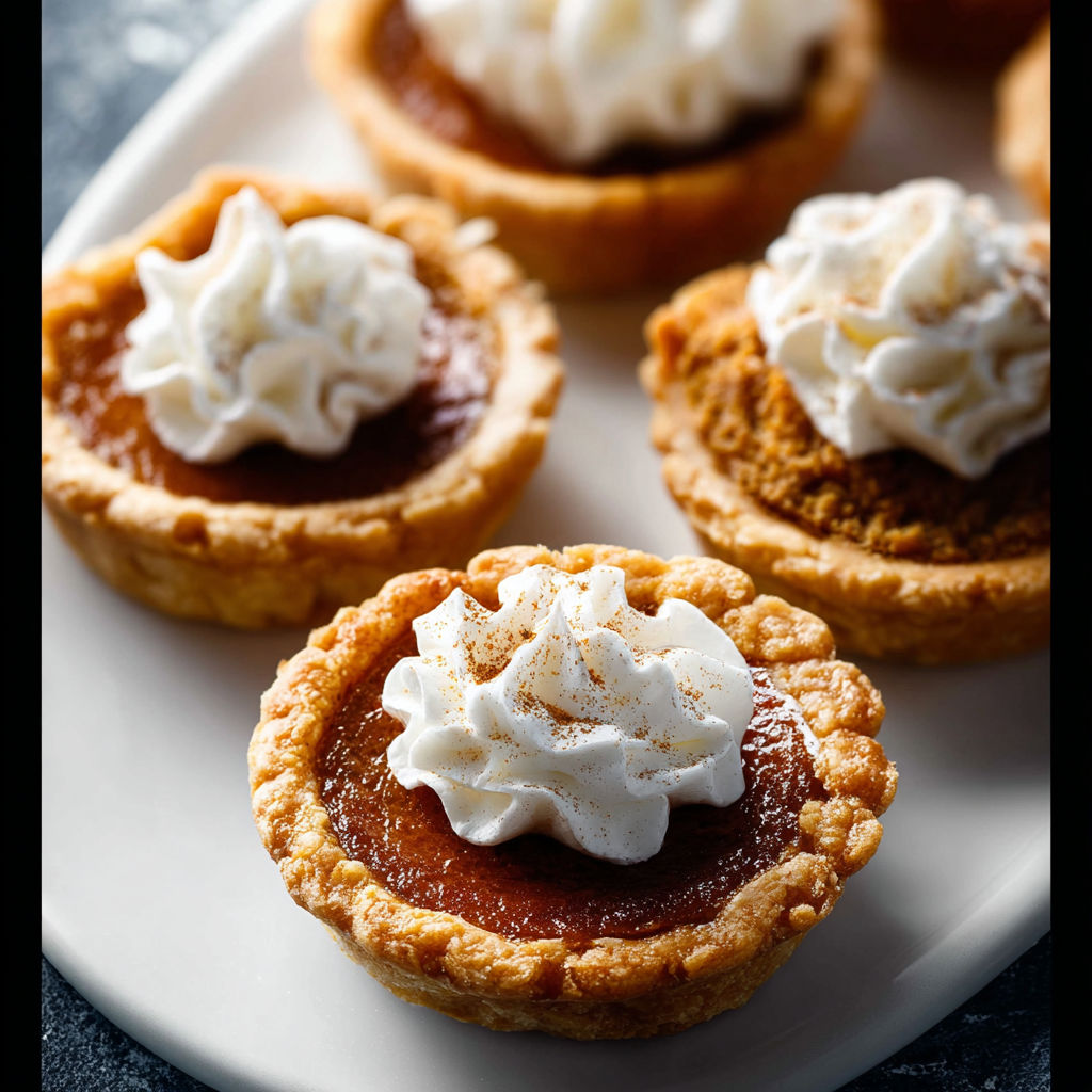 Three mini pumpkin pies with whipped cream.