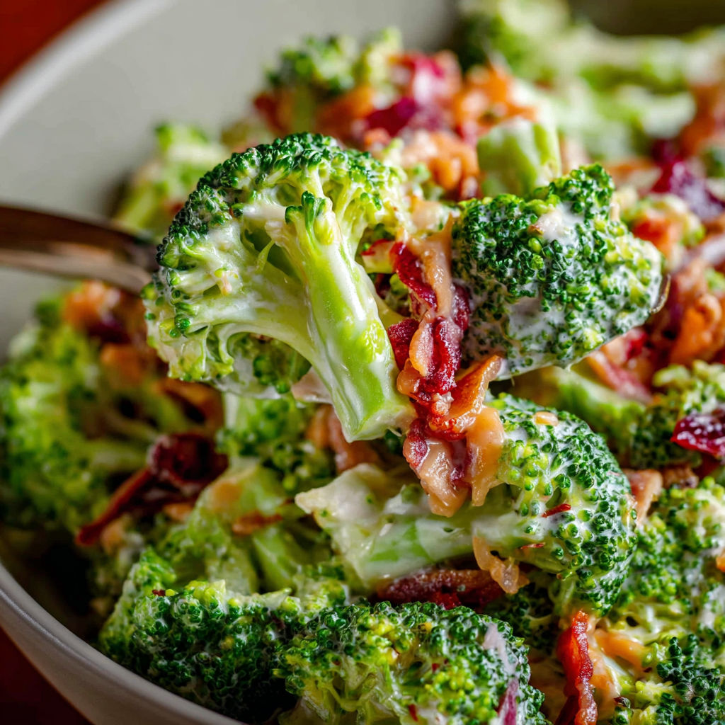 A bowl of broccoli salad with bacon.