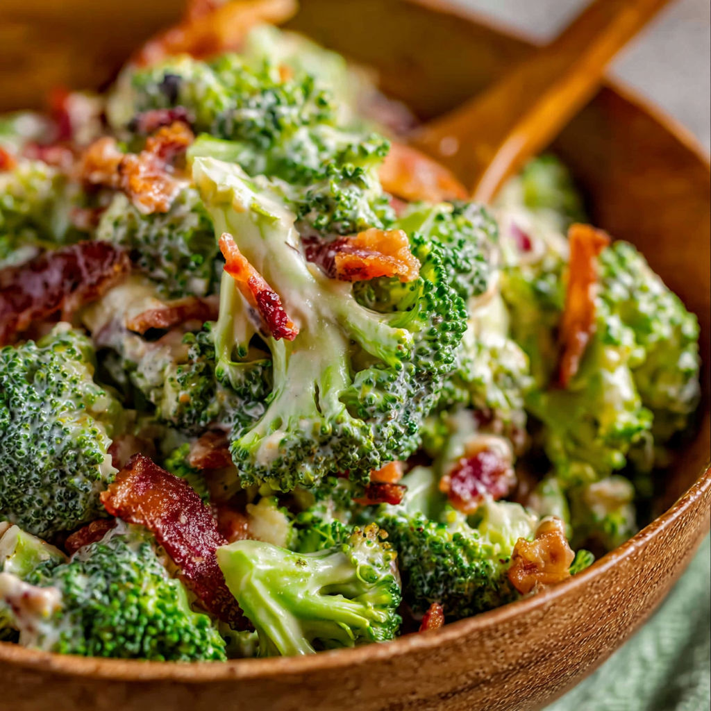 A bowl of broccoli salad with bacon.