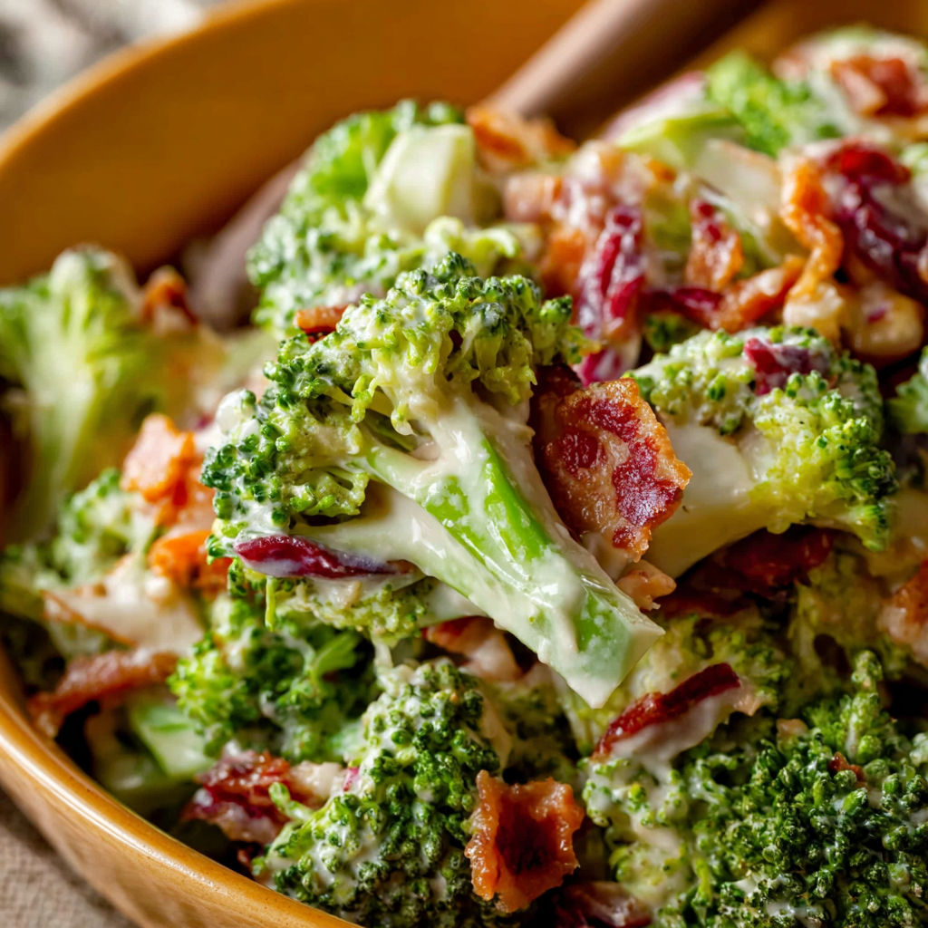 A bowl of broccoli salad with bacon.