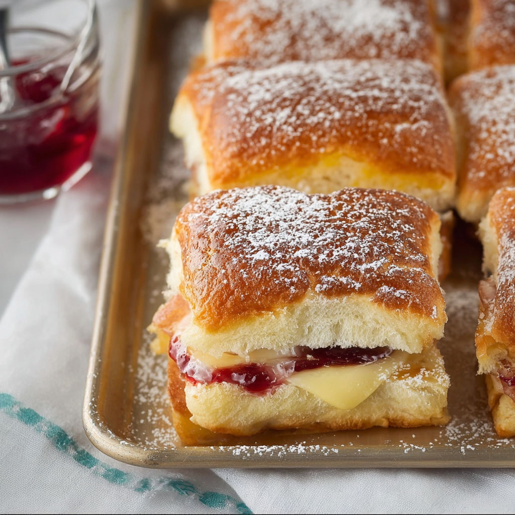 A tray of Monte Cristo sliders with powdered sugar on top.