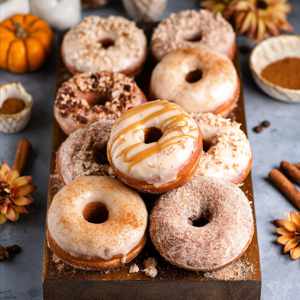 A tray of pumpkin cheesecake brioche doughnuts.