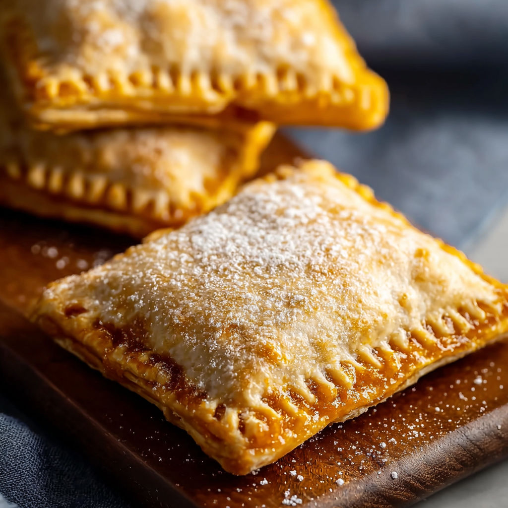 Two pieces of pumpkin pie pop tarts on a wooden board.