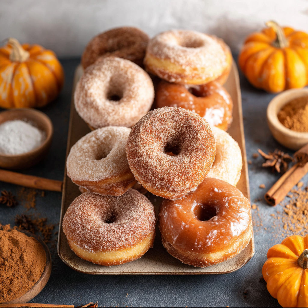 A tray of doughnuts with a pumpkin cheesecake brioche doughnut on top.