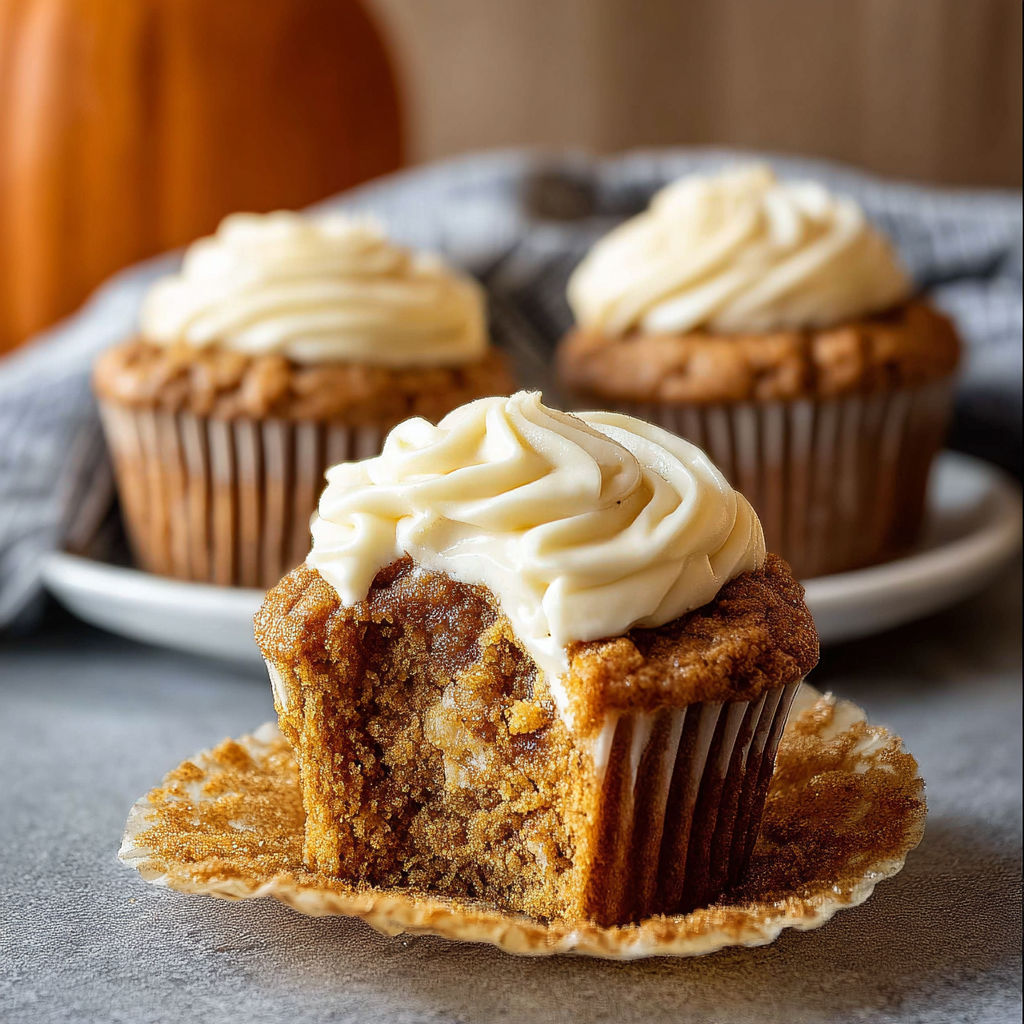 Two muffins with white frosting and a pumpkin on top.