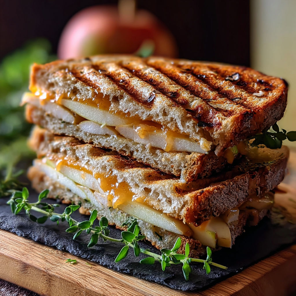 A sandwich with cheese and apple slices on top.