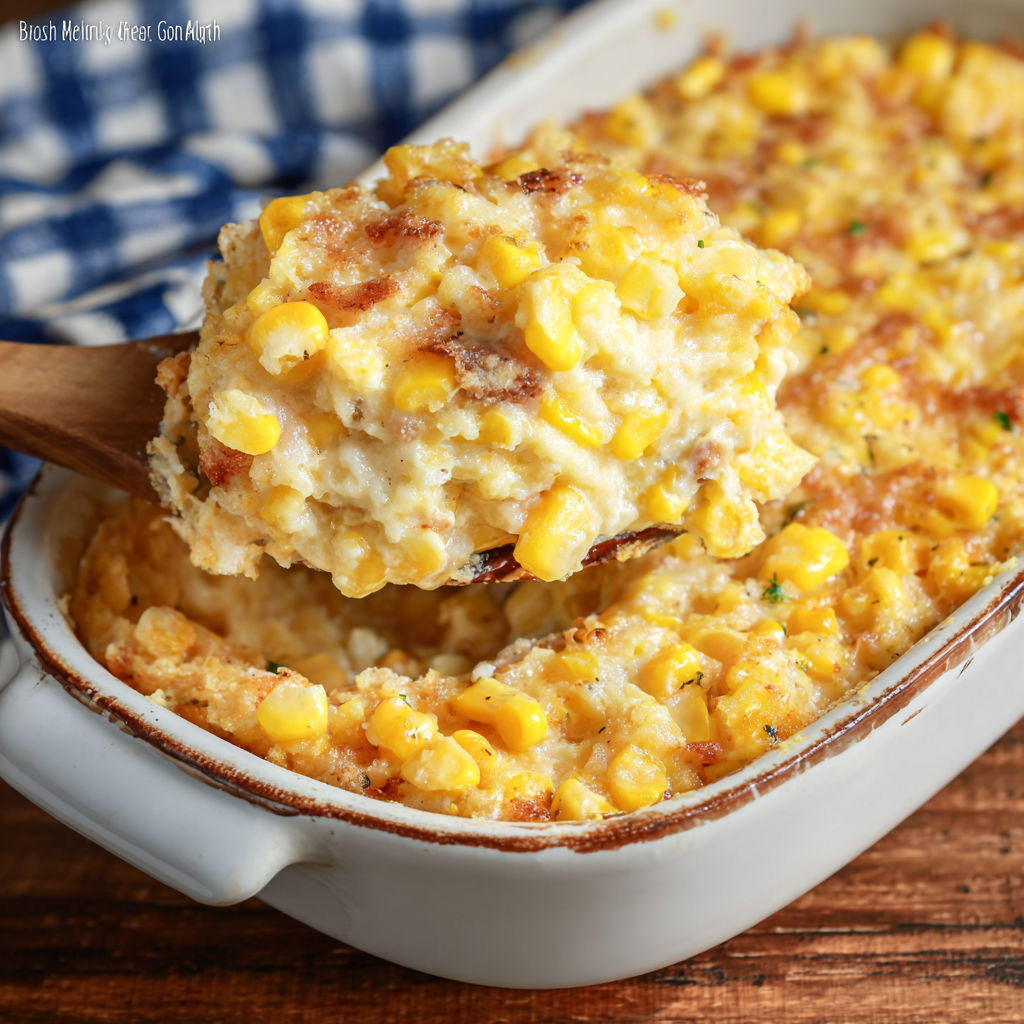 A wooden table with a white bowl of corn casserole.