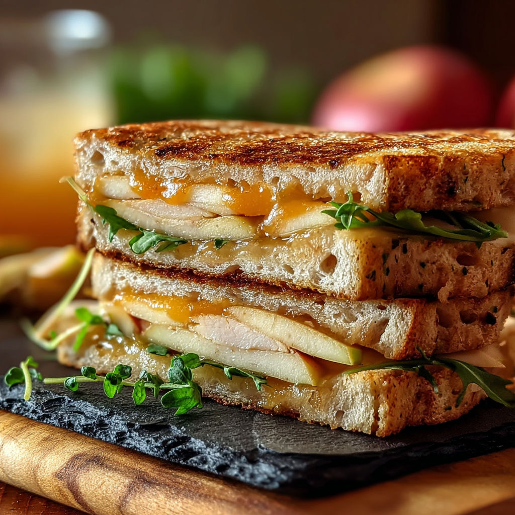 A sandwich with chicken, apple, and cheese.