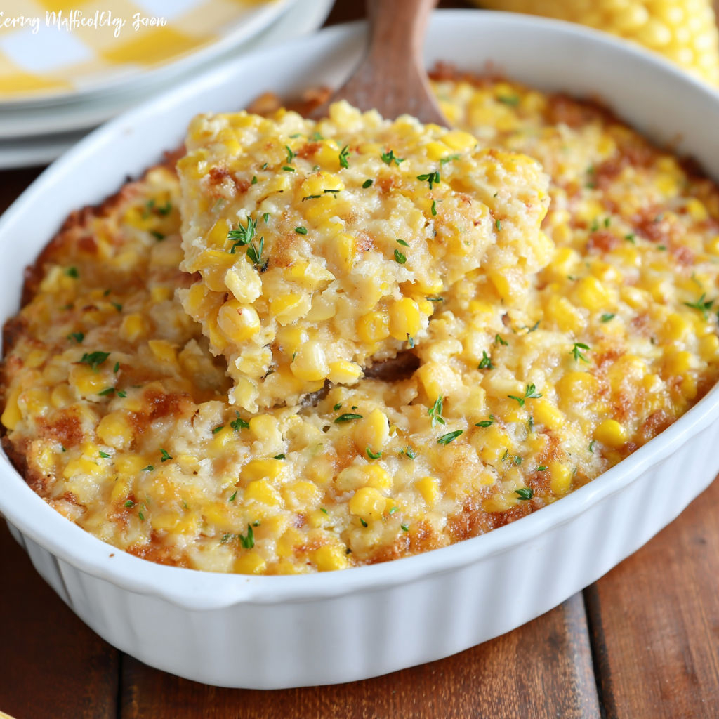 A white bowl filled with corn casserole.