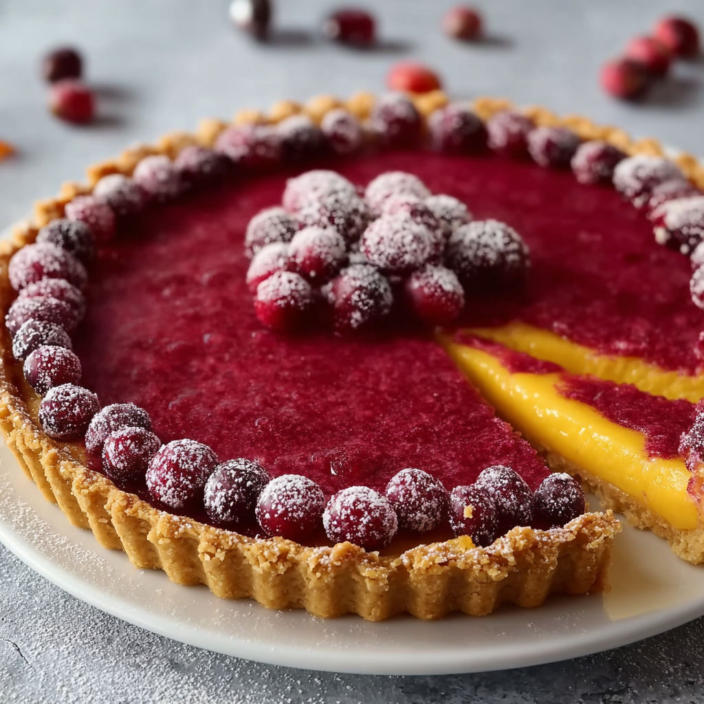 A slice of a cranberry-orange curd tart.