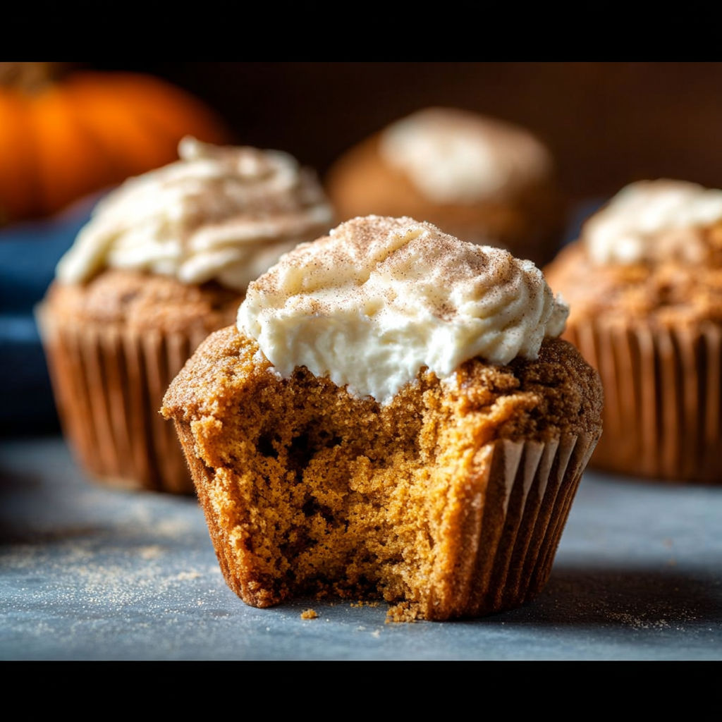A muffin with cream cheese and pumpkin.