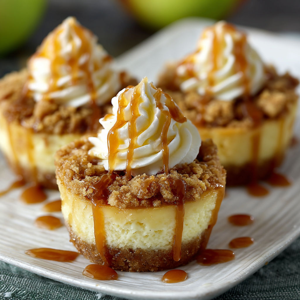 Three mini cheesecakes with apple crisp toppings.