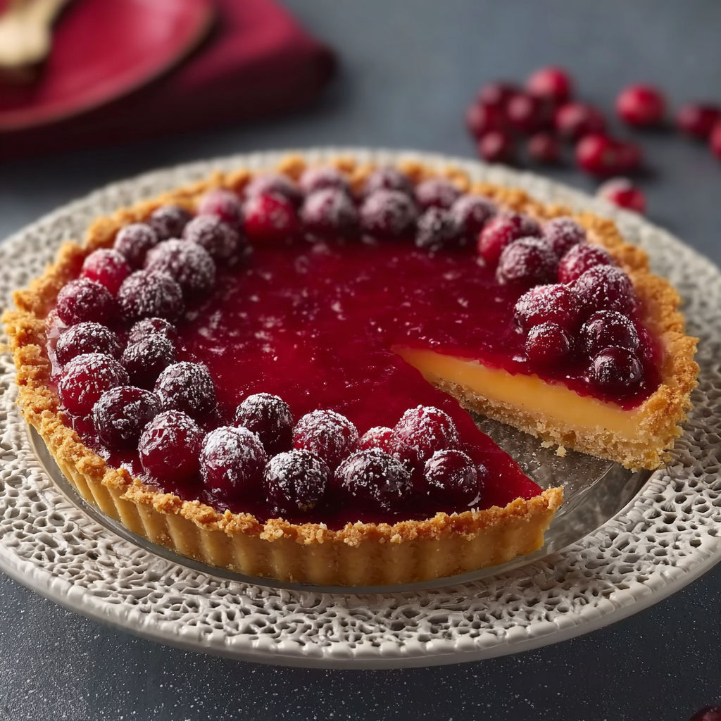 A slice of a cranberry-orange curd tart.