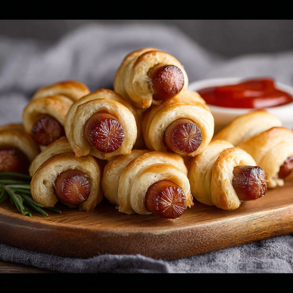 A stack of hot dogs wrapped in dough.