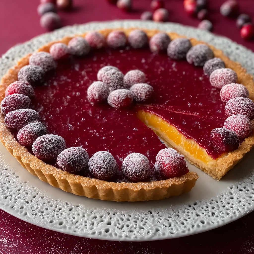 A slice of a cranberry-orange curd tart.