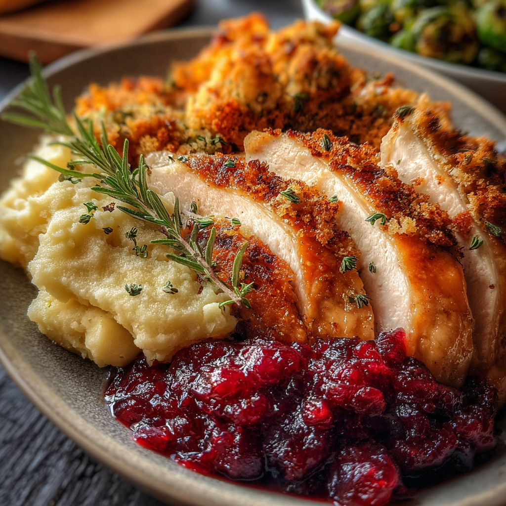 A plate of food with chicken, mashed potatoes, and cranberry sauce.