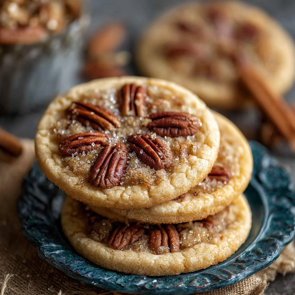 A plate of pecan cookies with a sprinkle of sugar on top.