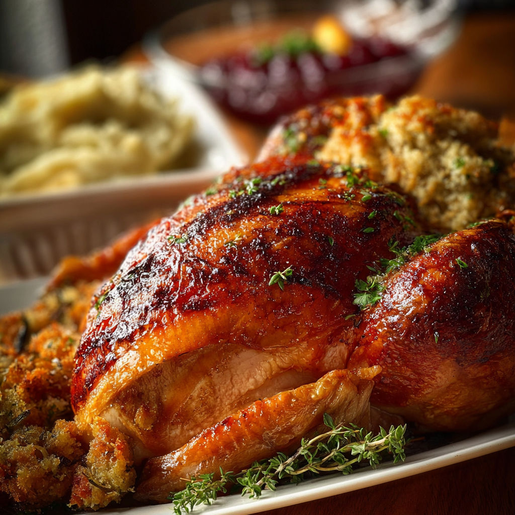 A unique Thanksgiving dinner with a roasted turkey, stuffing, and cranberry sauce.