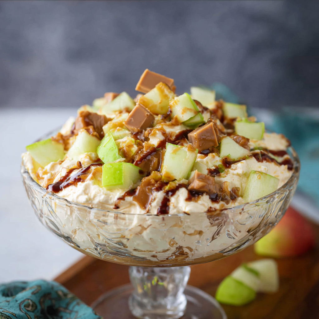 A bowl of Snickers Apple Salad.