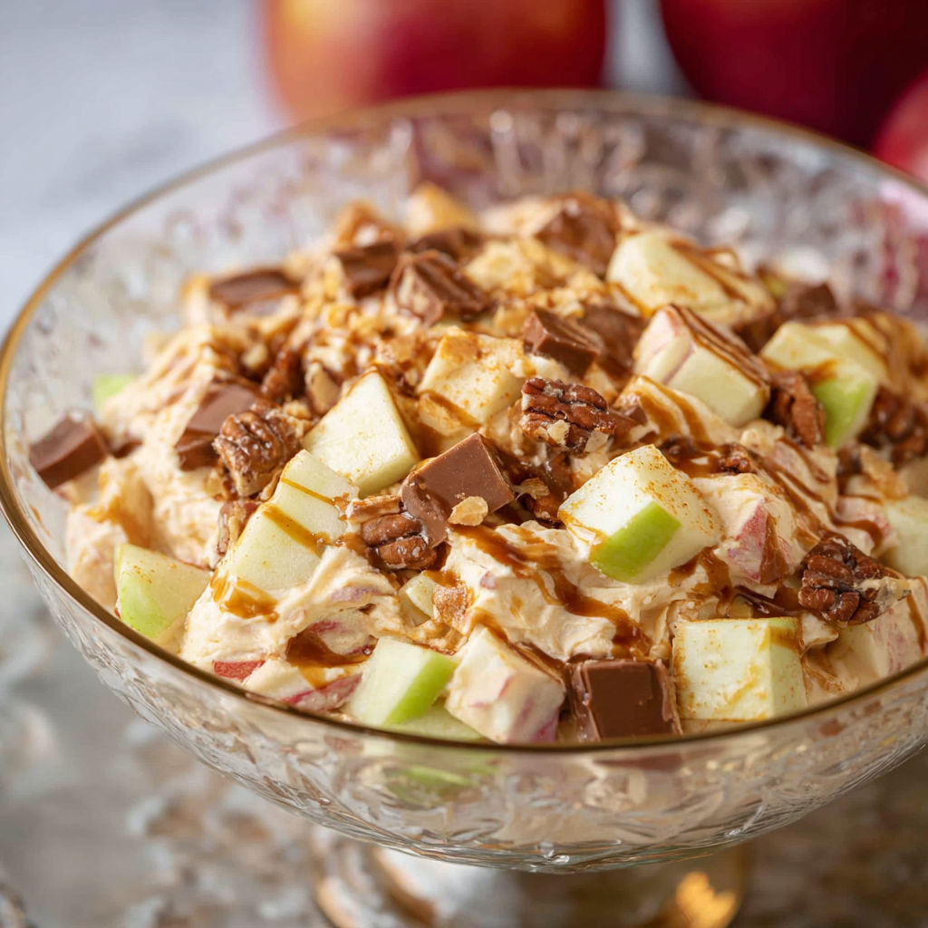 A bowl of Snickers Apple Salad.