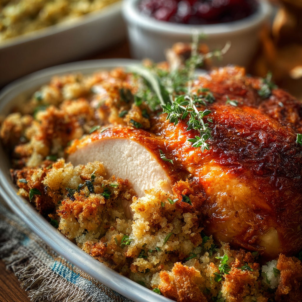 A unique Thanksgiving dish with a chicken and stuffing.