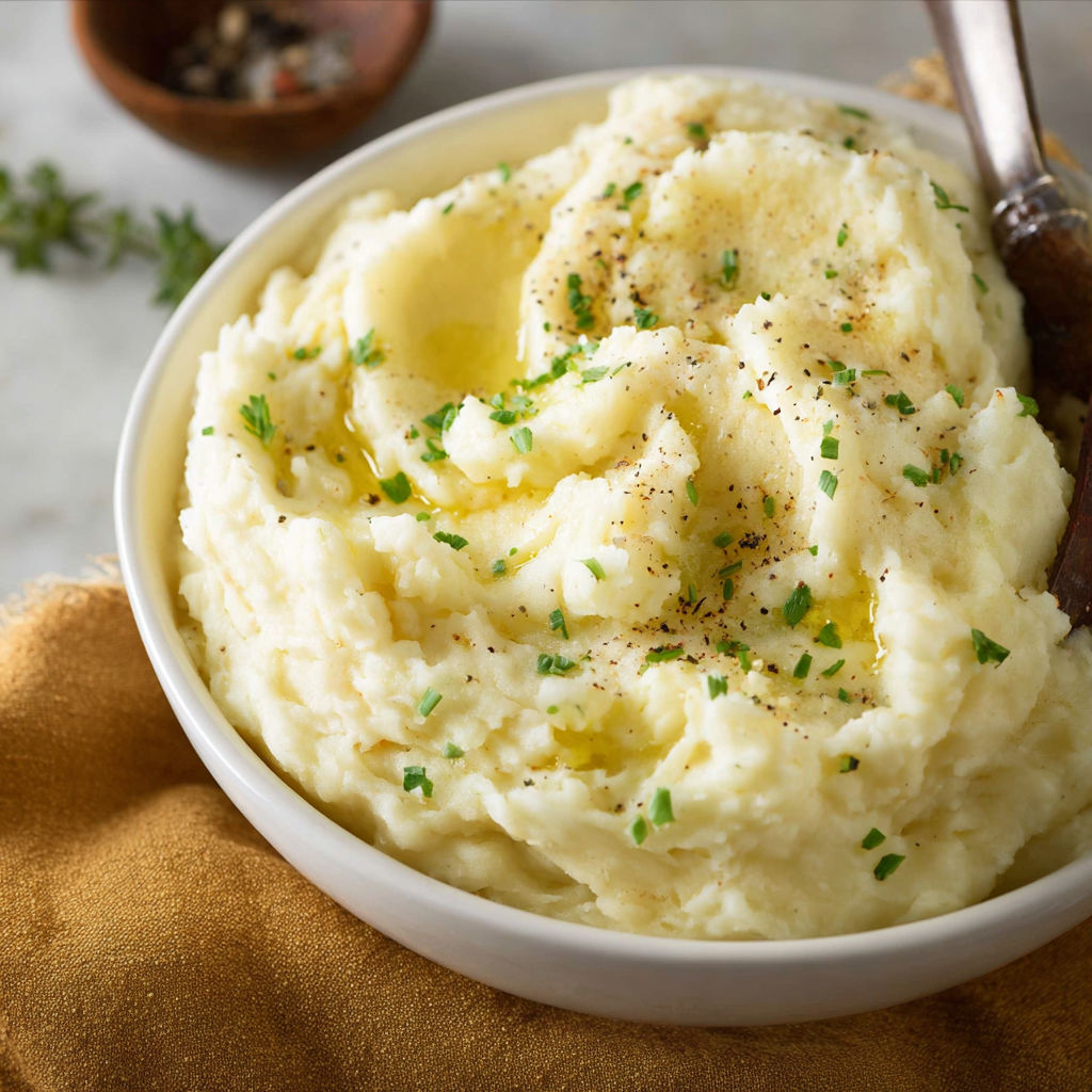 A bowl of mashed potatoes with green herbs on top.