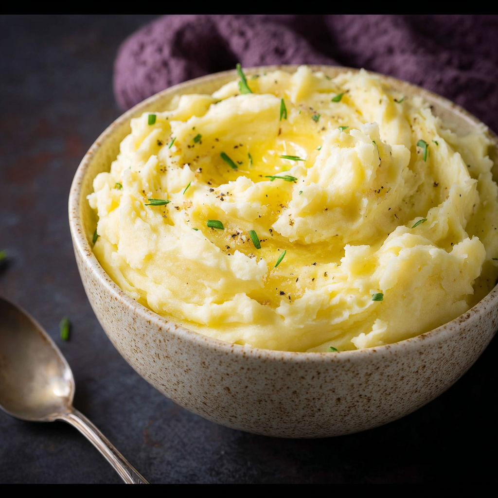 A bowl of mashed potatoes with green herbs on top.