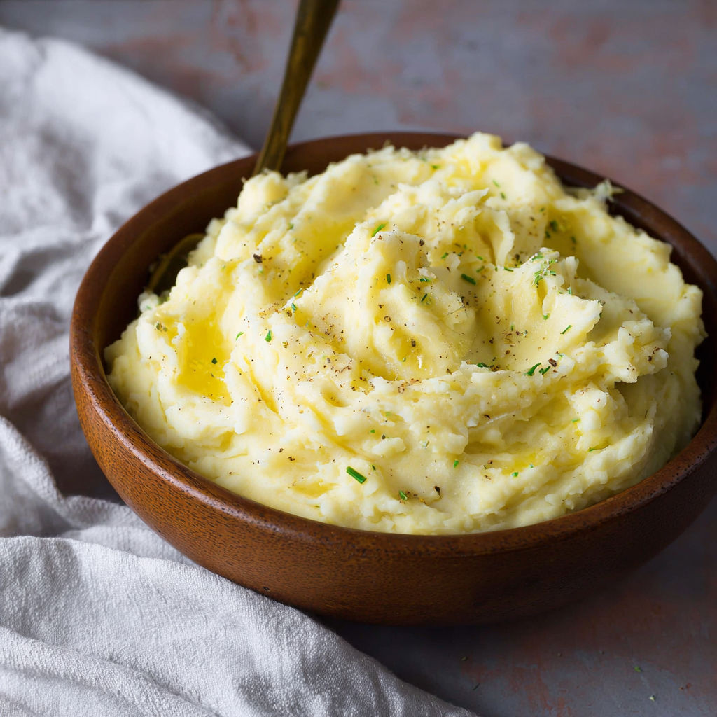 A bowl of mashed potatoes with a fork in it.