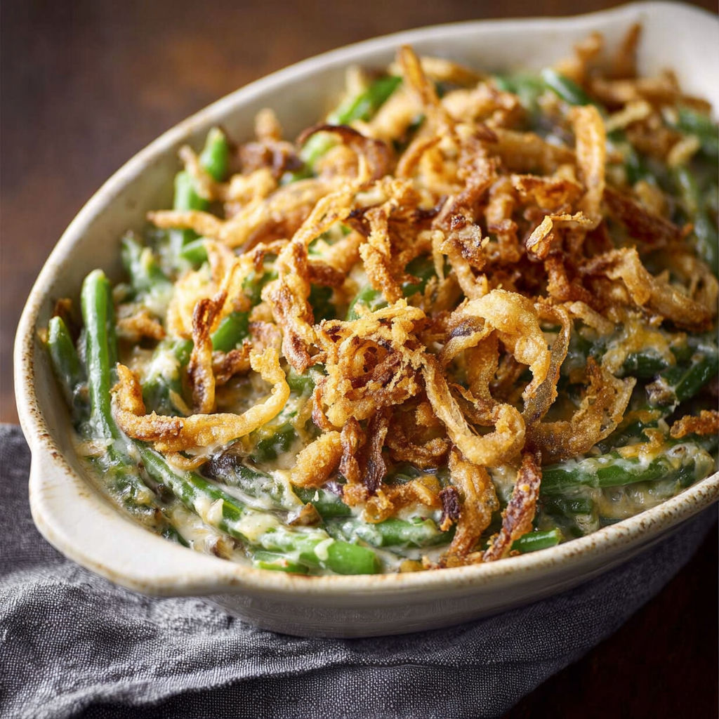 A bowl of green beans with onions and cheese.
