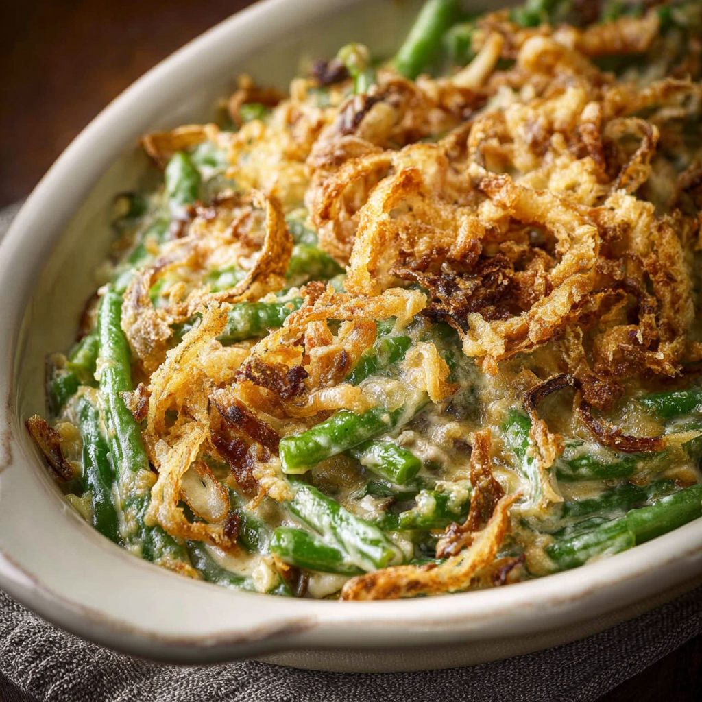 A bowl of food with green beans and onions.