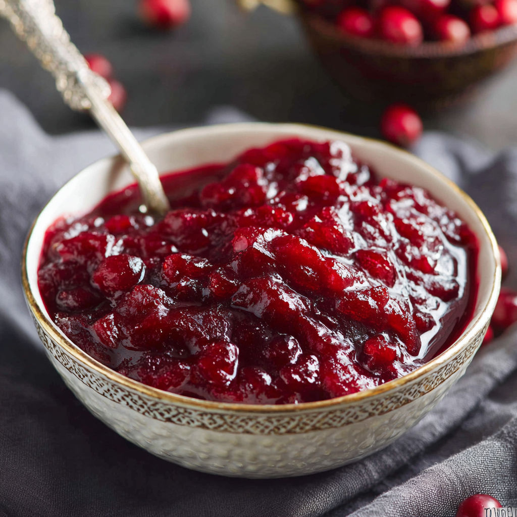 A bowl of red cranberry sauce.