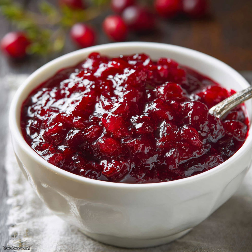 A white bowl filled with red jam.