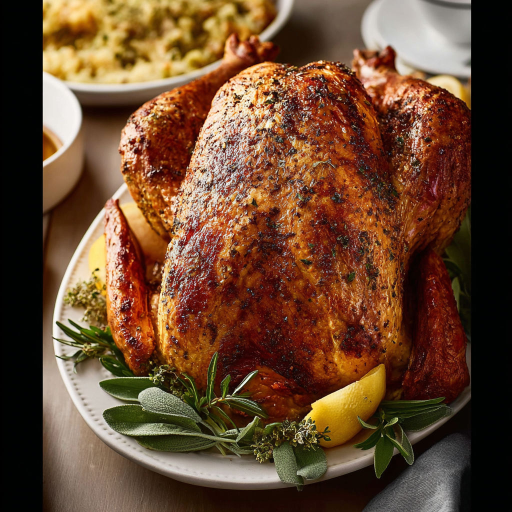 A cooked turkey with herbs and lemon on a plate.