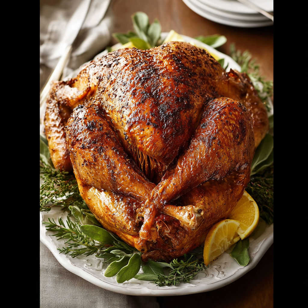 A roasted turkey with a lemon wedge on top.