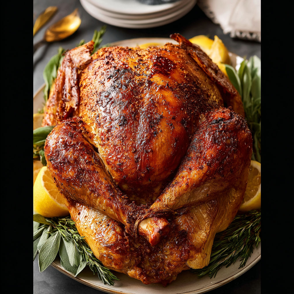 A cooked turkey with lemon wedges on top.