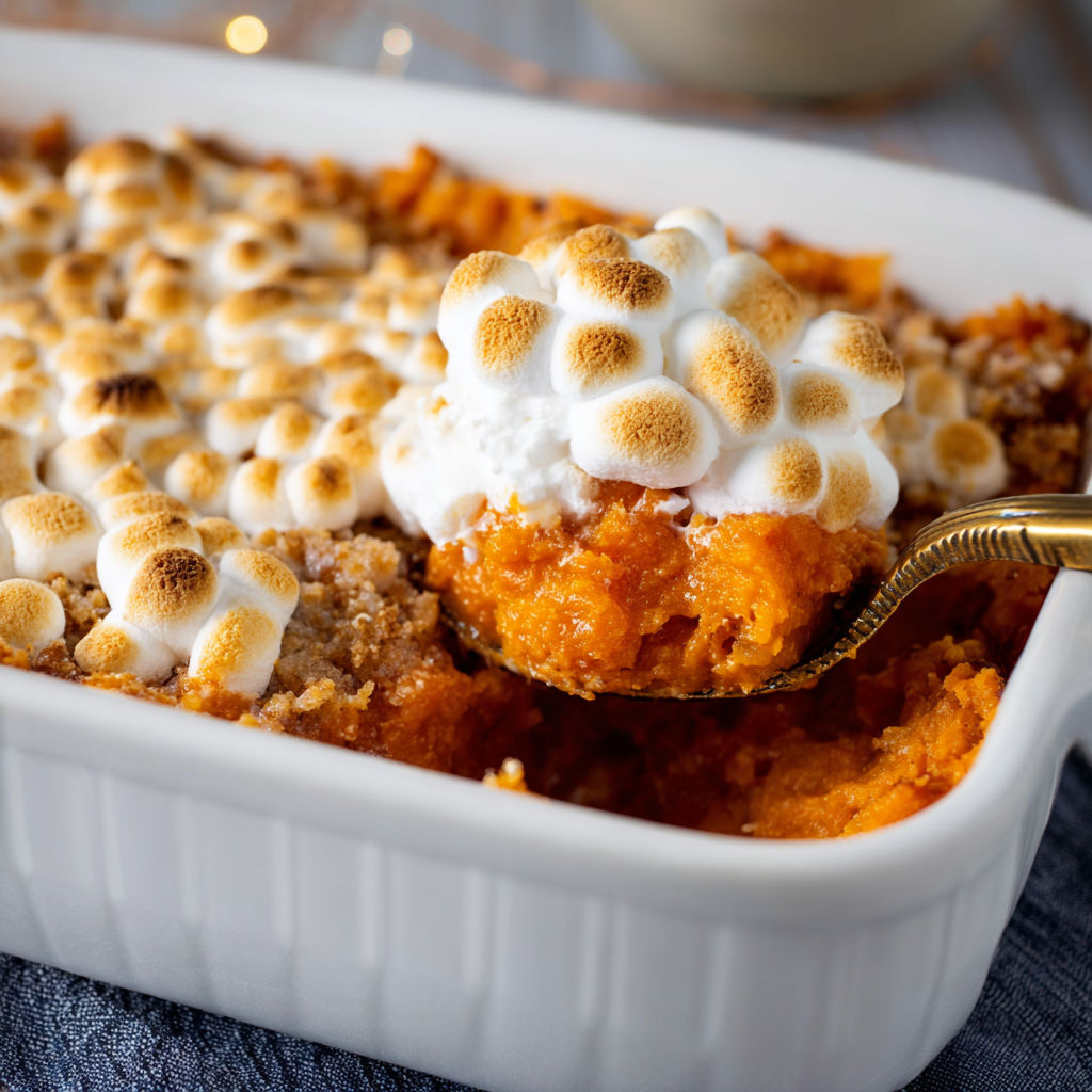 A white bowl filled with a sweet potato casserole.