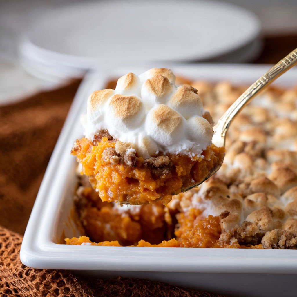 A spoon is scooping up a piece of sweet potato casserole.